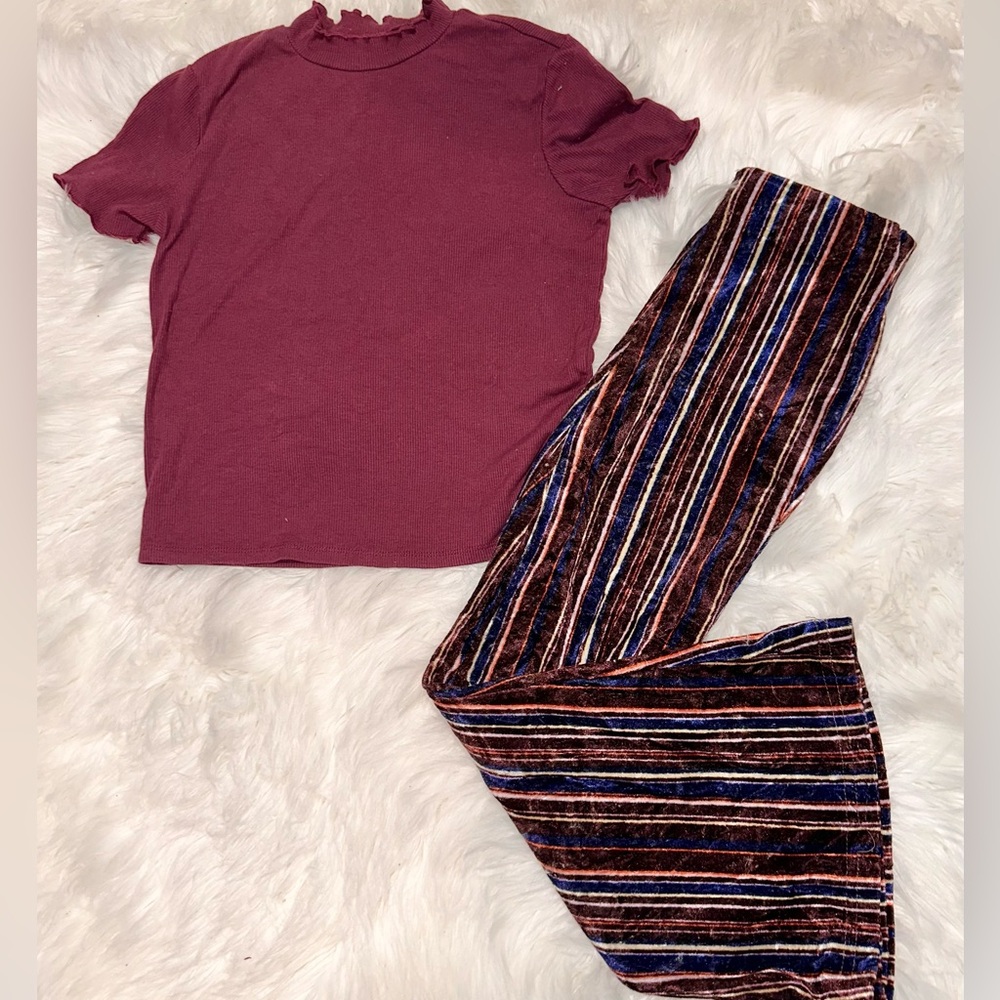 Burgundy Top and Colorful Velvet Striped Flared Pants Set